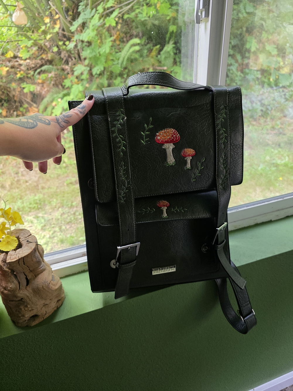 Disturbia Black Leather Mushroom Embroidered Backpack
